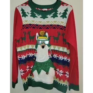 Holiday Time Christmas Sweater XL/XG (14-16)Husky Party Llama BellsvUgly Red